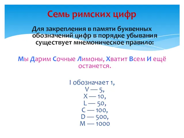 Для закрепления в памяти буквенных обозначений цифр в порядке убывания