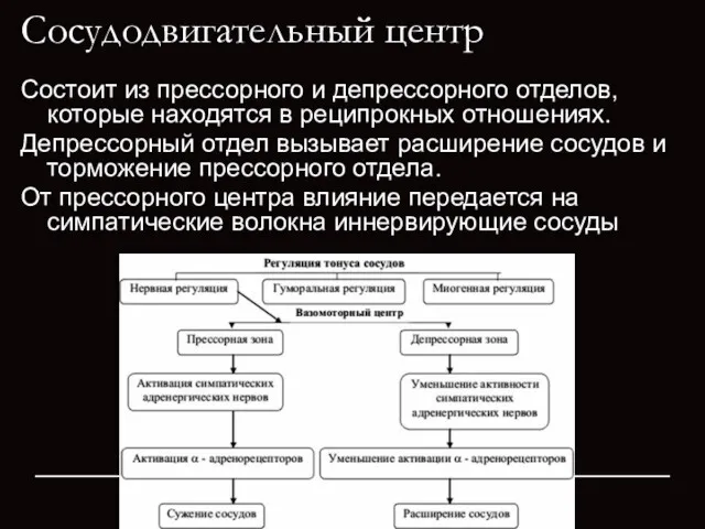 Сосудодвигательный центр Состоит из прессорного и депрессорного отделов, которые находятся в реципрокных отношениях.