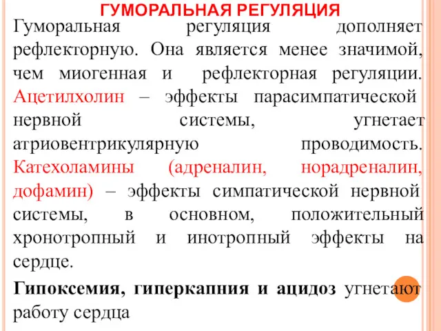 ГУМОРАЛЬНАЯ РЕГУЛЯЦИЯ Гуморальная регуляция дополняет рефлекторную. Она является менее значимой,