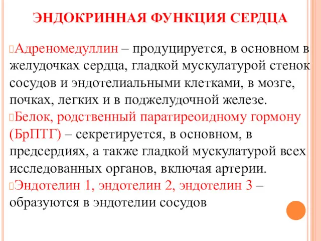 ЭНДОКРИННАЯ ФУНКЦИЯ СЕРДЦА Адреномедуллин – продуцируется, в основном в желудочках