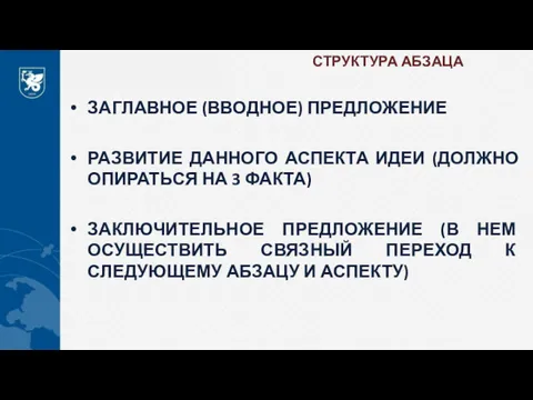 СТРУКТУРА АБЗАЦА ЗАГЛАВНОЕ (ВВОДНОЕ) ПРЕДЛОЖЕНИЕ РАЗВИТИЕ ДАННОГО АСПЕКТА ИДЕИ (ДОЛЖНО