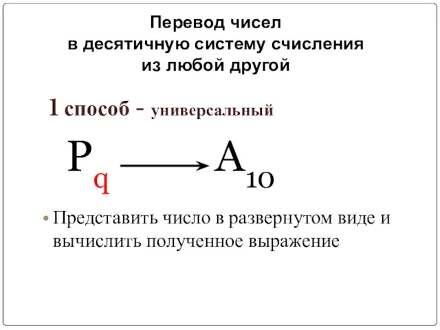 Перевод чисел в десятичную систему счисления из любой другой Представить