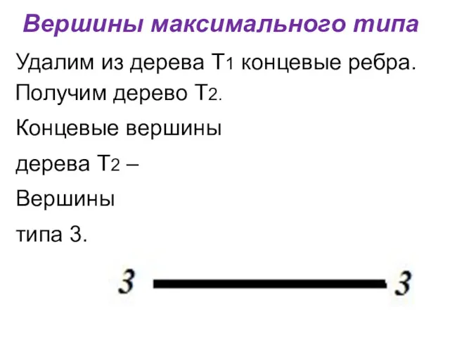 Вершины максимального типа Удалим из дерева Т1 концевые ребра. Получим