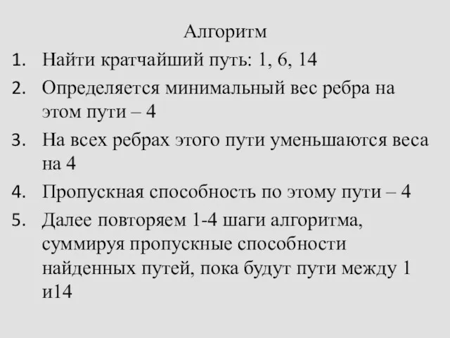 Алгоритм Найти кратчайший путь: 1, 6, 14 Определяется минимальный вес