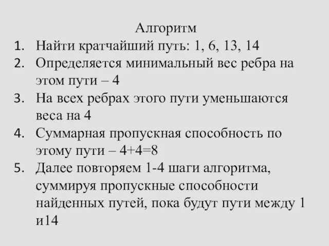 Алгоритм Найти кратчайший путь: 1, 6, 13, 14 Определяется минимальный