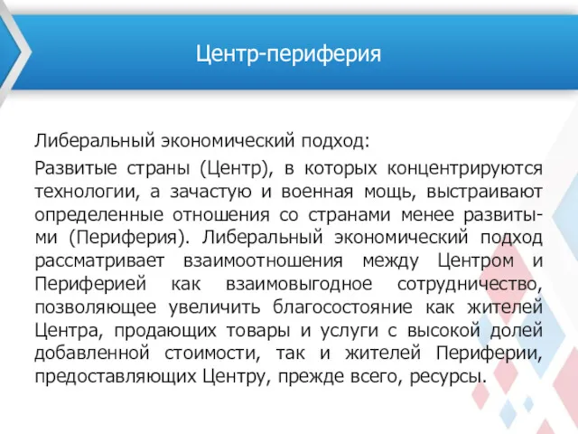 Либеральный экономический подход: Развитые страны (Центр), в которых концентрируются технологии,