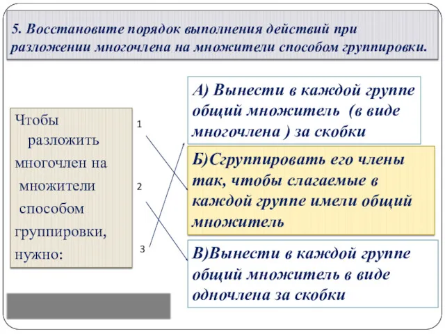 5. Восстановите порядок выполнения действий при разложении многочлена на множители