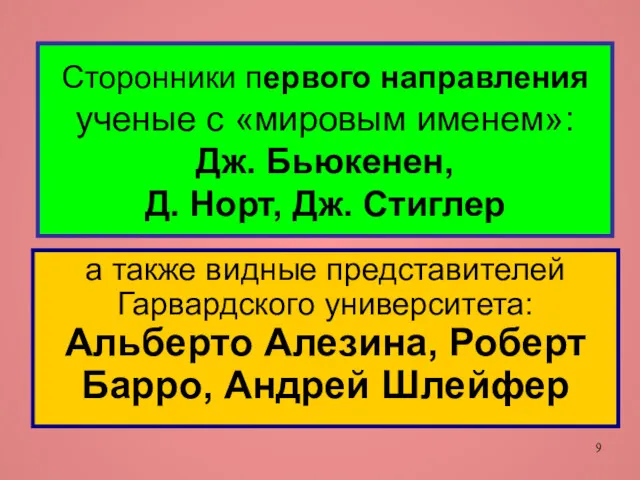 Сторонники первого направления ученые с «мировым именем»: Дж. Бьюкенен, Д.