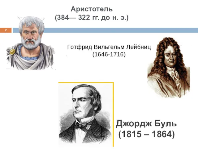 Аристотель (384— 322 гг. до н. э.) Джордж Буль (1815 – 1864)