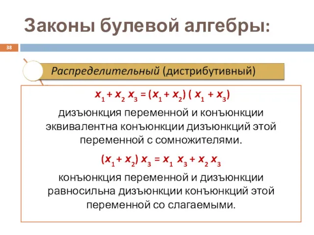 Законы булевой алгебры: х1 + х2 х3 = (х1 + х2) ( х1