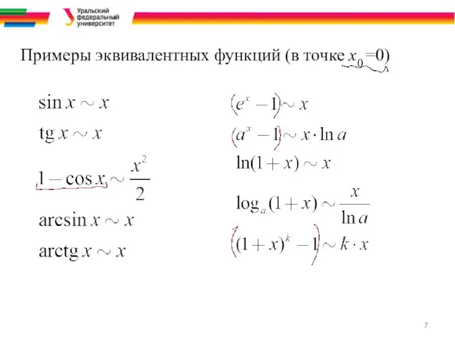 Примеры эквивалентных функций (в точке х0 =0)