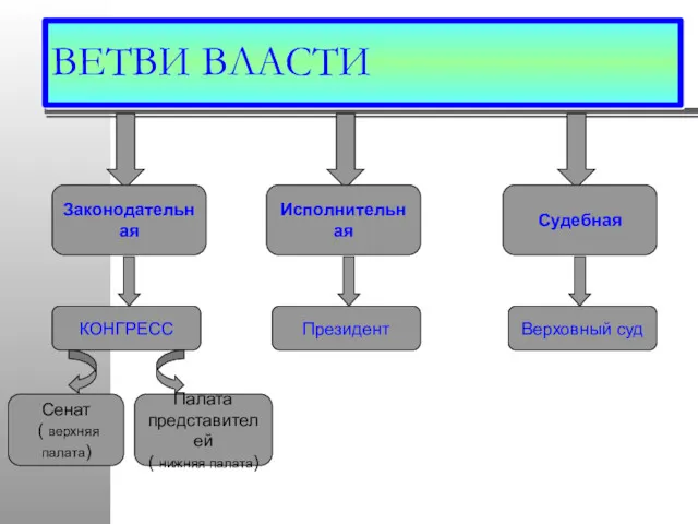 ВЕТВИ ВЛАСТИ Законодательная Исполнительная Судебная КОНГРЕСС Президент Верховный суд Сенат