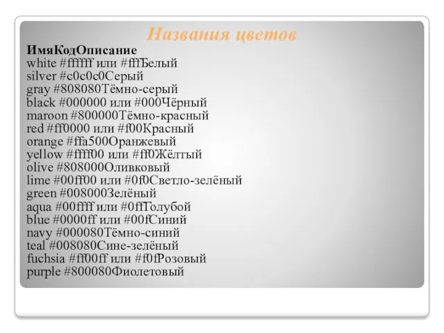 Названия цветов ИмяКодОписание white #ffffff или #fffБелый silver #c0c0c0Серый gray