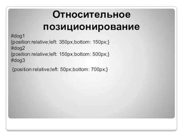 Относительное позиционирование #dog1 {position:relative;left: 350px;bottom: 150px;} #dog2 {position:relative;left: 150px;bottom: 500px;} #dog3 {position:relative;left: 50px;bottom: 700px;}