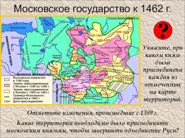 Московское государство к 1462 г. Укажите, при каком князе была