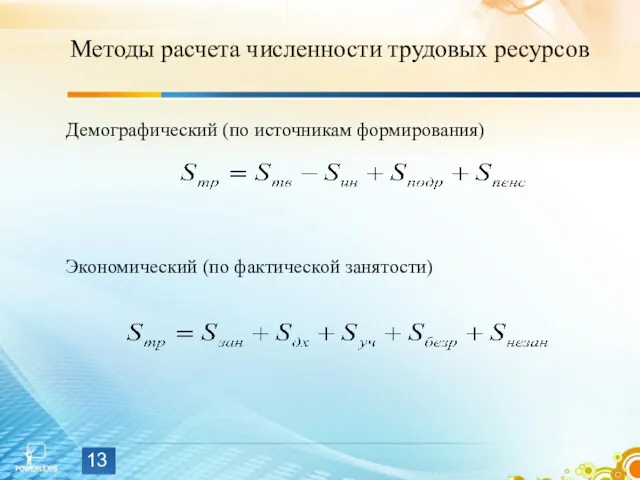 Методы расчета численности трудовых ресурсов Демографический (по источникам формирования) Экономический (по фактической занятости)