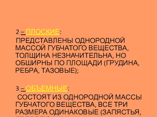 2 – ПЛОСКИЕ: ПРЕДСТАВЛЕНЫ ОДНОРОДНОЙ МАССОЙ ГУБЧАТОГО ВЕЩЕСТВА, ТОЛЩИНА НЕЗНАЧИТЕЛЬНА,