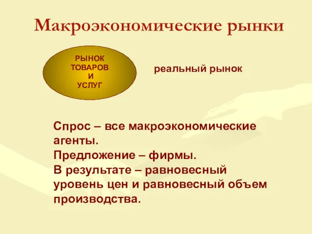 РЫНОК ТОВАРОВ И УСЛУГ Макроэкономические рынки реальный рынок Спрос –