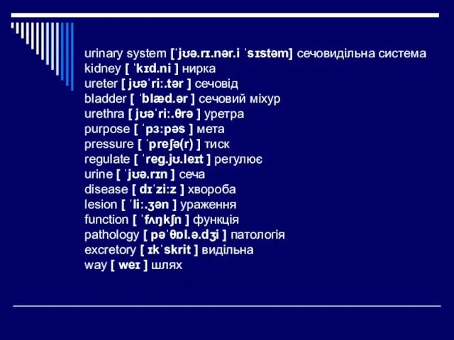 urinary system [ˈjʊə.rɪ.nər.i ˈsɪstəm] сечовидільна система kidney [ ˈkɪd.ni ]