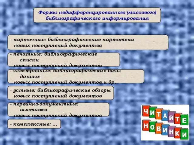 Формы недифференцированного (массового) библиографического информирования - карточные: библиографические картотеки новых