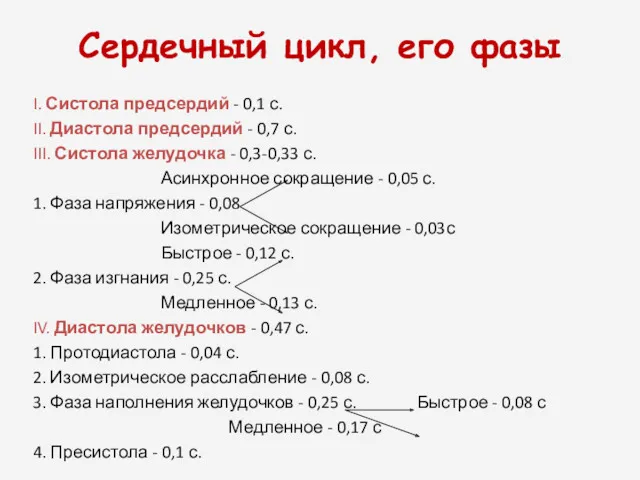 Сердечный цикл, его фазы I. Систола предсердий - 0,1 с. II. Диастола предсердий