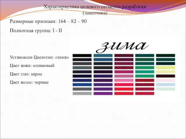 Характеристика целевого сегмента разработки (заказчика) Размерные признаки: 164 – 82