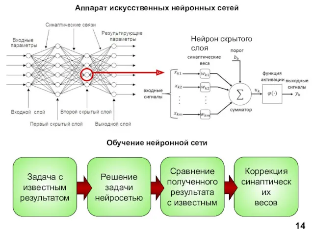 Аппарат искусственных нейронных сетей Нейрон скрытого слоя Обучение нейронной сети