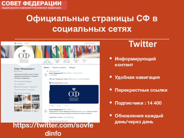 Официальные страницы СФ в социальных сетях Twitter Информирующий контент Удобная