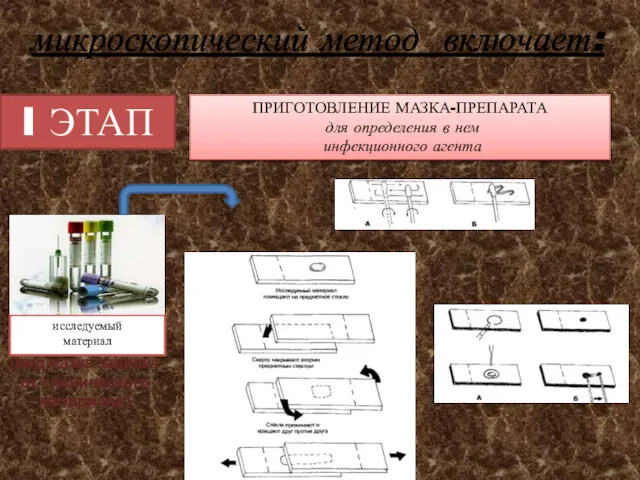 микроскопический метод включает: исследуемый материал I ЭТАП ПРИГОТОВЛЕНИЕ МАЗКА-ПРЕПАРАТА для