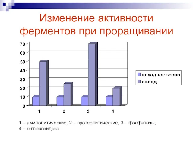 Изменение активности ферментов при проращивании 1 – амилолитические, 2 –