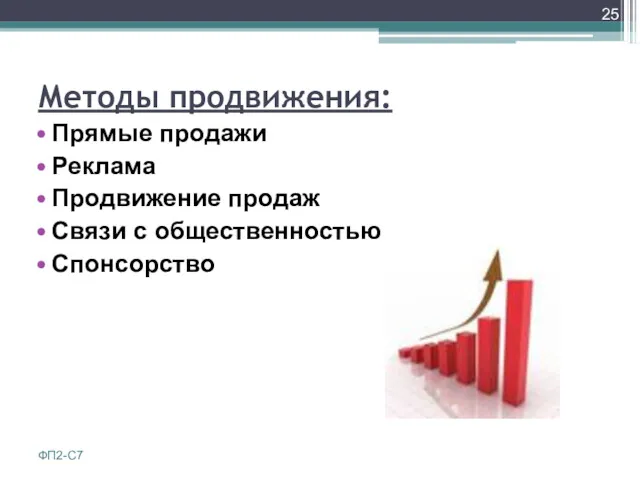 Методы продвижения: Прямые продажи Реклама Продвижение продаж Связи с общественностью Спонсорство ФП2-С7