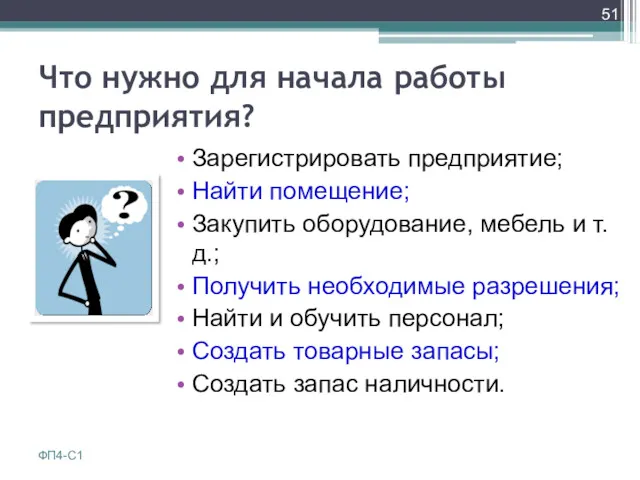 Что нужно для начала работы предприятия? Зарегистрировать предприятие; Найти помещение;