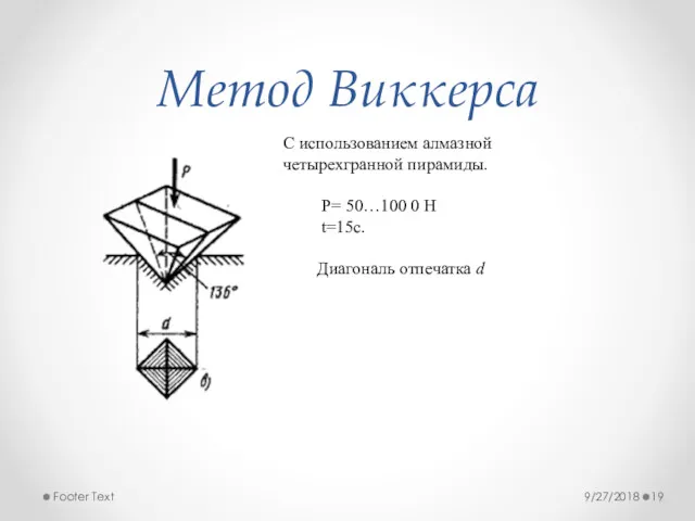 Метод Виккерса 9/27/2018 Footer Text С использованием алмазной четырехгранной пирамиды.