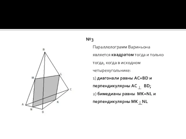 №3 Параллелограмм Вариньона является квадратом тогда и только тогда, когда