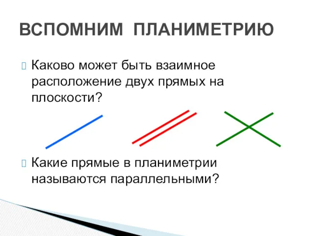 ВСПОМНИМ ПЛАНИМЕТРИЮ Каково может быть взаимное расположение двух прямых на