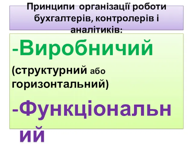 Принципи організації роботи бухгалтерів, контролерів і аналітиків: Виробничий (структурний або горизонтальний) Функціональний (циклічний або вертикальний)