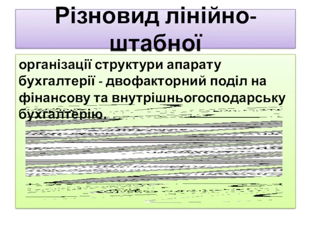 Різновид лінійно-штабної організації структури апарату бухгалтерії - двофакторний поділ на фінансову та внутрішньогосподарську бухгалтерію.