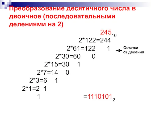 Преобразование десятичного числа в двоичное (последовательными делениями на 2) 24510 2*122=244 2*61=122 1