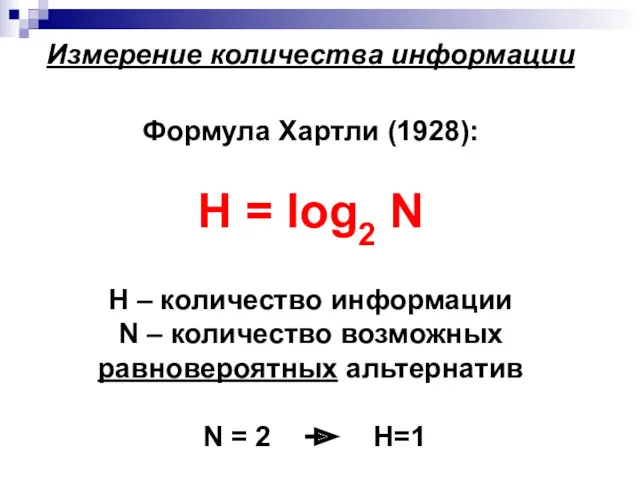 Измерение количества информации Формула Хартли (1928): H = log2 N H – количество