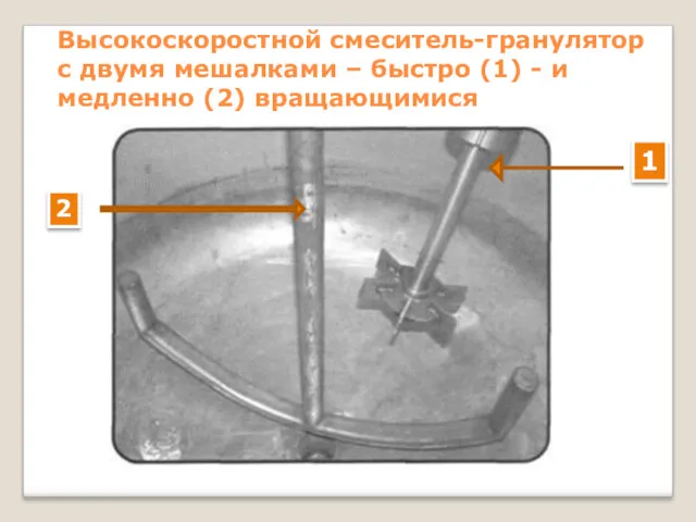 Высокоскоростной смеситель-гранулятор с двумя мешалками – быстро (1) - и медленно (2) вращающимися 1 2