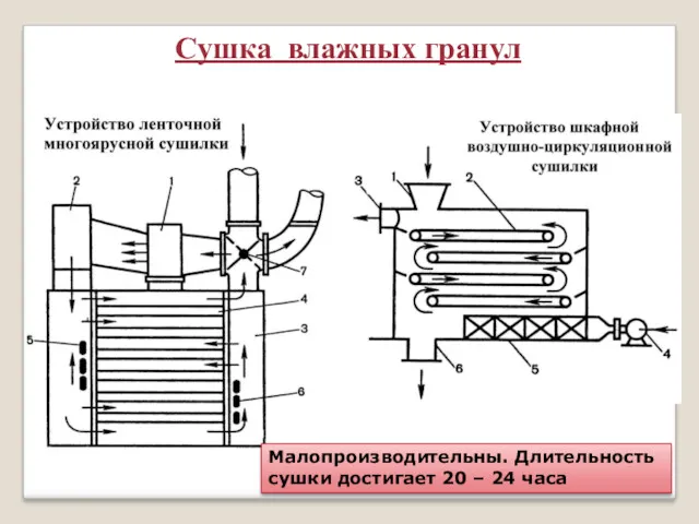 Сушка влажных гранул Малопроизводительны. Длительность сушки достигает 20 – 24 часа