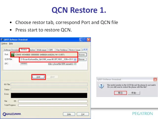 QCN Restore 1. Choose restor tab, correspond Port and QCN file Press start to restore QCN.