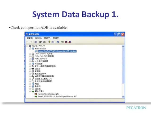 Check com port for ADB is available: System Data Backup 1.
