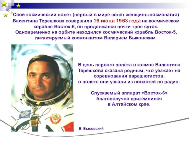 Свой космический полёт (первый в мире полёт женщины-космонавта) Валентина Терешкова