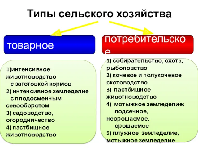 Типы сельского хозяйства товарное потребительское 1)интенсивное животноводство с заготовкой кормов