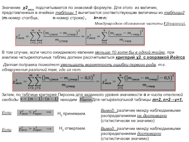 Значение χ2эксп подсчитывается по знакомой формуле. Для этого из величин,