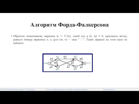 Алгоритм Форда-Фалкерсона Обратное помечивание: вершине w ∈ Г-(v), такой что