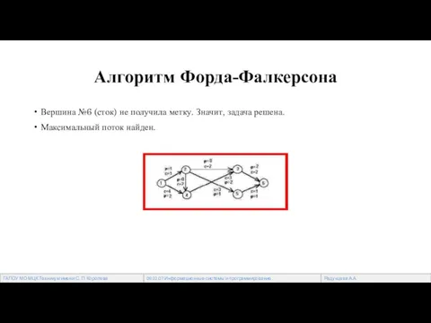 Алгоритм Форда-Фалкерсона Вершина №6 (сток) не получила метку. Значит, задача решена. Максимальный поток найден.