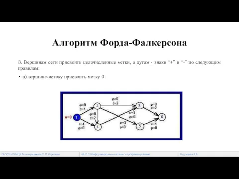 Алгоритм Форда-Фалкерсона 3. Вершинам сети присвоить целочисленные метки, а дугам