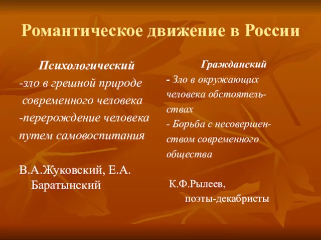 Романтическое движение в России Психологический -зло в грешной природе современного